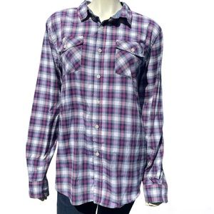 Recycled Blues men button down long sleeve plaid shirt in size large